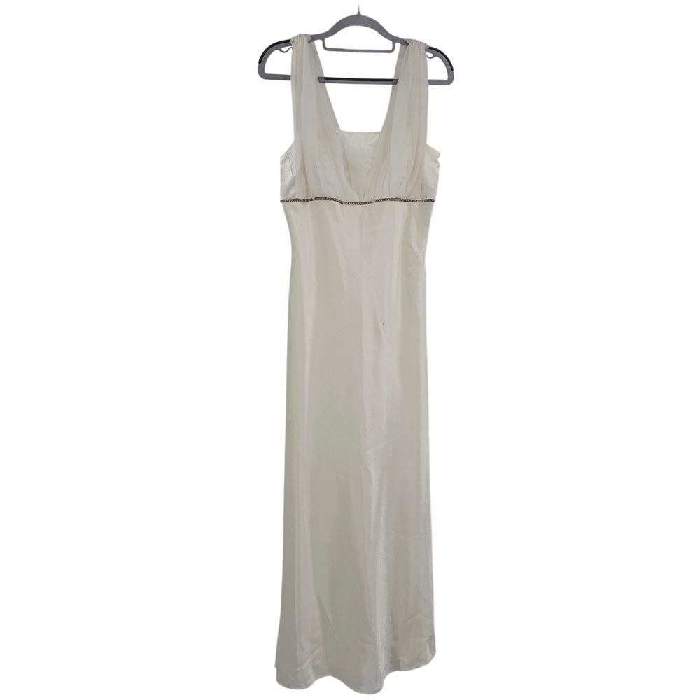Vintage Fiesta Cream V-Neck Maxi Gown Rhinestone Waist Style Large Made in USA